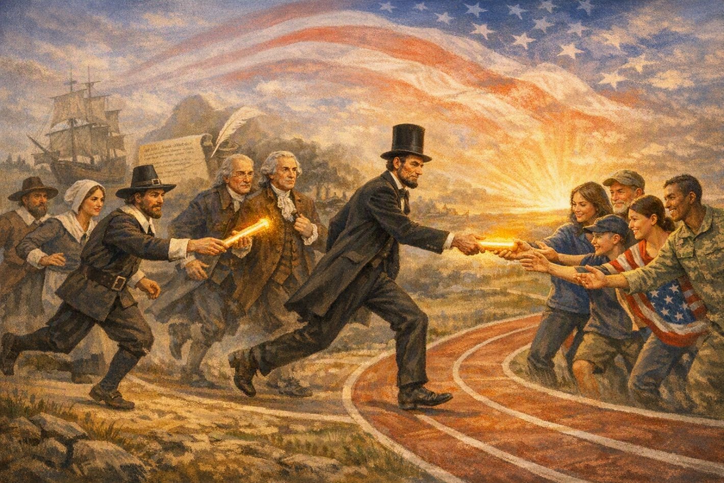Painting of Pilgrims, Founders, and Abraham Lincoln running a relay and passing a glowing baton forward to a group of young Americans beneath a windswept flag.