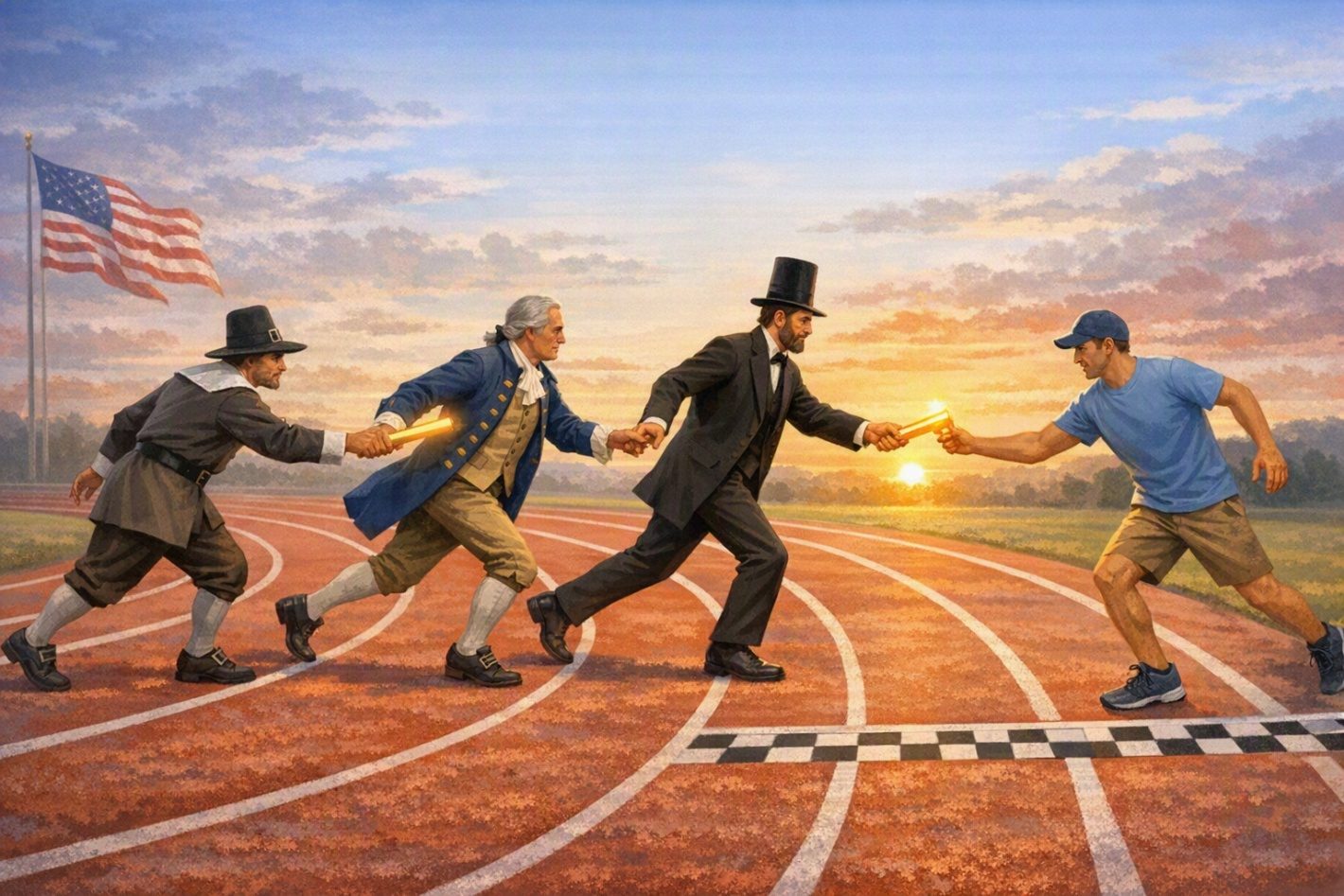 Painting of a Pilgrim, a Founding Father, and Abraham Lincoln on a running track, handing a glowing baton to a young man in modern clothing at the finish line.